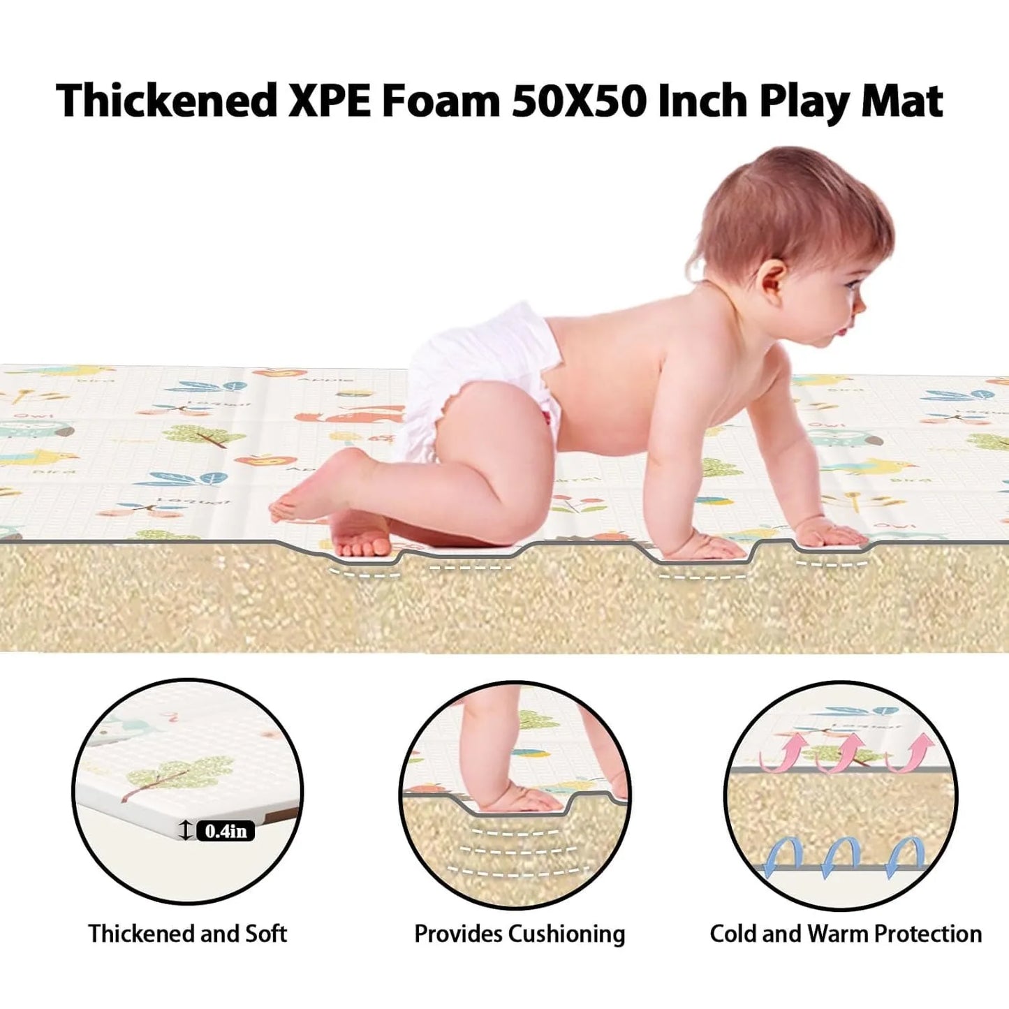 Tapis d'éveil pliable double face pour bébé – Motifs animaux colorés pour stimulation sensorielle
